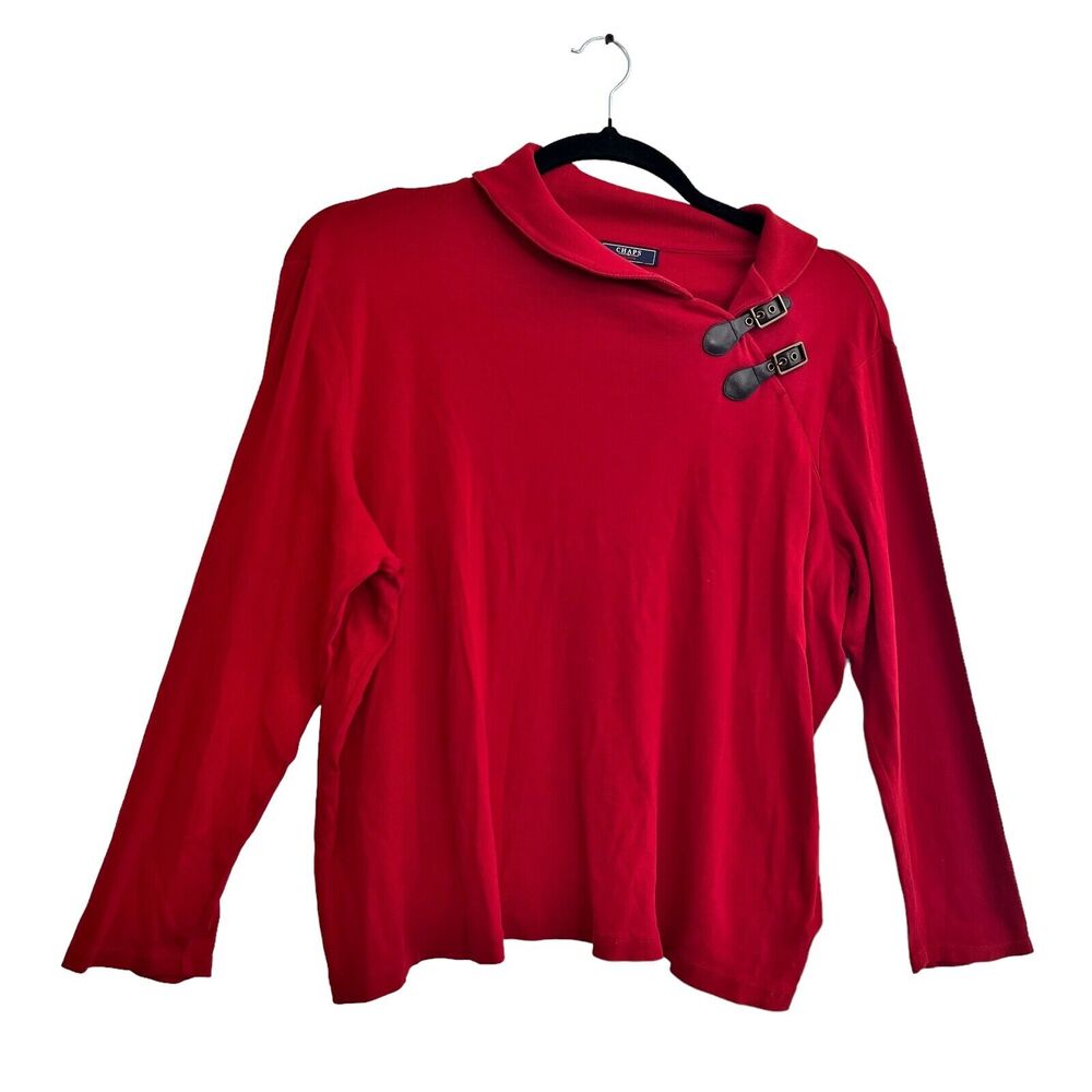 CHAPS Womens Knit Top 3X Burgundy Long Sleeve Cotton Pullover Buckle Detail